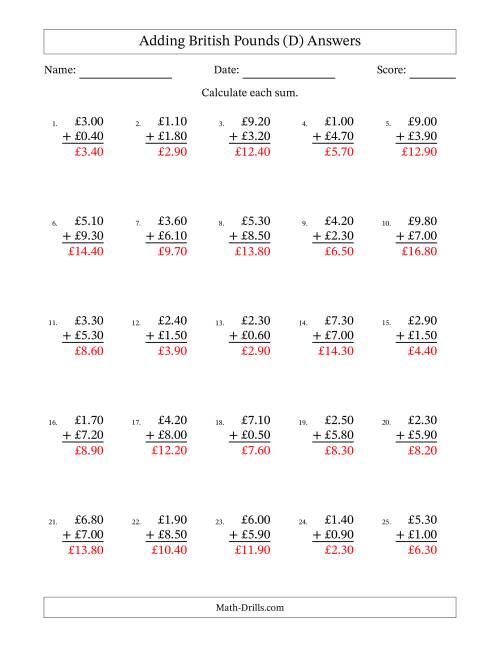 The Adding British Pounds With Amounts from 0.10 to 9.90 in Increments of Ten Pence (D) Math Worksheet Page 2