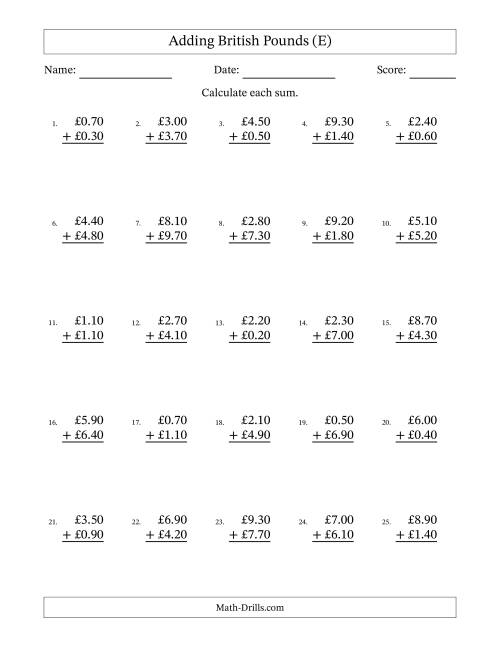 The Adding British Pounds With Amounts from 0.10 to 9.90 in Increments of Ten Pence (E) Math Worksheet