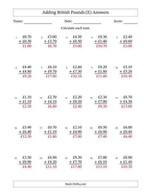 The Adding British Pounds With Amounts from 0.10 to 9.90 in Increments of Ten Pence (E) Math Worksheet Page 2