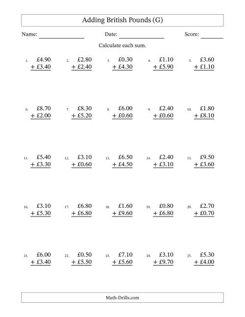 The Adding British Pounds With Amounts from 0.10 to 9.90 in Increments of Ten Pence (G) Math Worksheet