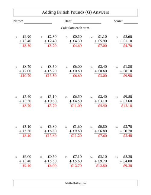 The Adding British Pounds With Amounts from 0.10 to 9.90 in Increments of Ten Pence (G) Math Worksheet Page 2