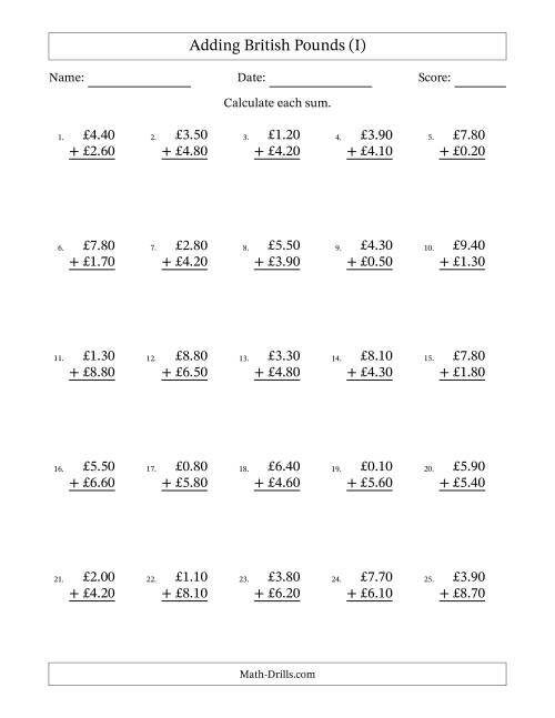 The Adding British Pounds With Amounts from 0.10 to 9.90 in Increments of Ten Pence (I) Math Worksheet