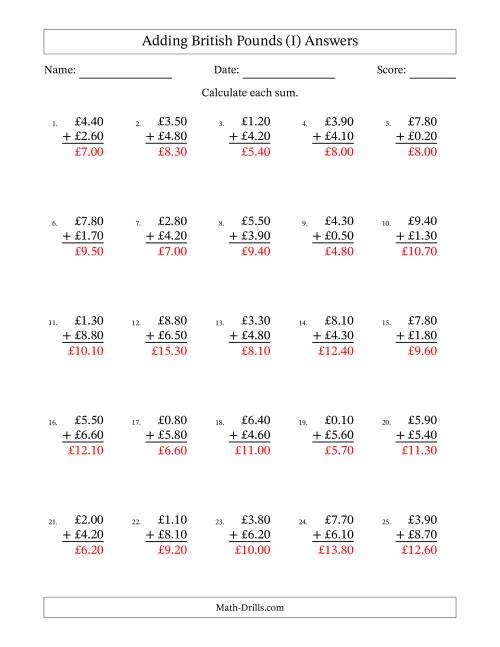 The Adding British Pounds With Amounts from 0.10 to 9.90 in Increments of Ten Pence (I) Math Worksheet Page 2