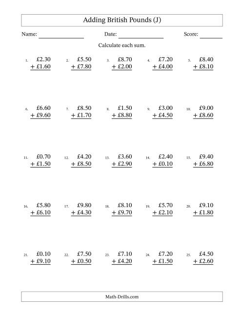 The Adding British Pounds With Amounts from 0.10 to 9.90 in Increments of Ten Pence (J) Math Worksheet