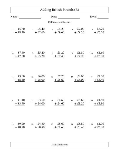 The Adding British Pounds With Amounts from 0.20 to 9.80 in Increments of Twenty Pence (B) Math Worksheet