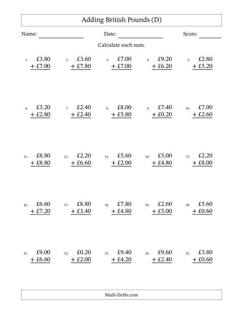 The Adding British Pounds With Amounts from 0.20 to 9.80 in Increments of Twenty Pence (D) Math Worksheet