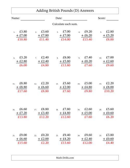 The Adding British Pounds With Amounts from 0.20 to 9.80 in Increments of Twenty Pence (D) Math Worksheet Page 2