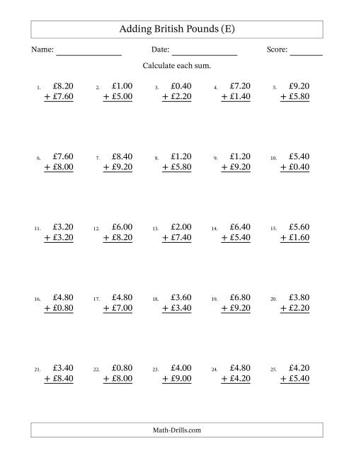 The Adding British Pounds With Amounts from 0.20 to 9.80 in Increments of Twenty Pence (E) Math Worksheet