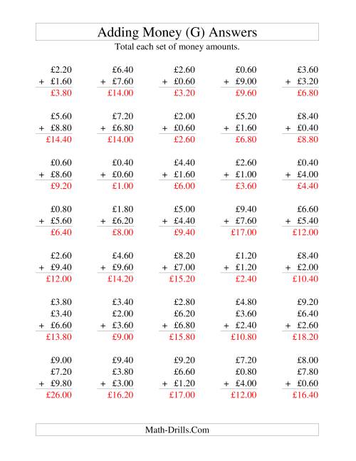 The Adding British Money to £10 -- Increments of 20 Pence (G) Math Worksheet Page 2