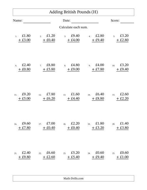 The Adding British Pounds With Amounts from 0.20 to 9.80 in Increments of Twenty Pence (H) Math Worksheet