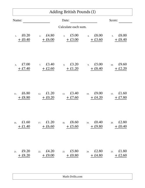 The Adding British Pounds With Amounts from 0.20 to 9.80 in Increments of Twenty Pence (I) Math Worksheet