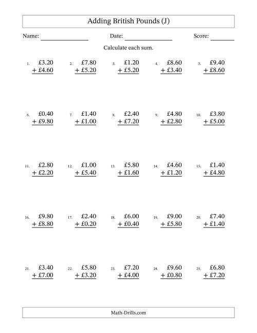 The Adding British Pounds With Amounts from 0.20 to 9.80 in Increments of Twenty Pence (J) Math Worksheet