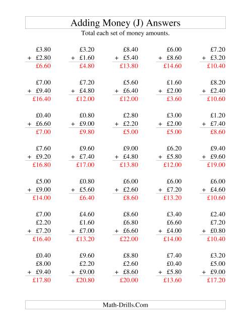 The Adding British Money to £10 -- Increments of 20 Pence (J) Math Worksheet Page 2