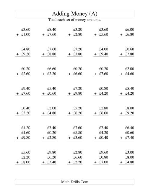 The Adding British Money to £10 -- Increments of 20 Pence (All) Math Worksheet