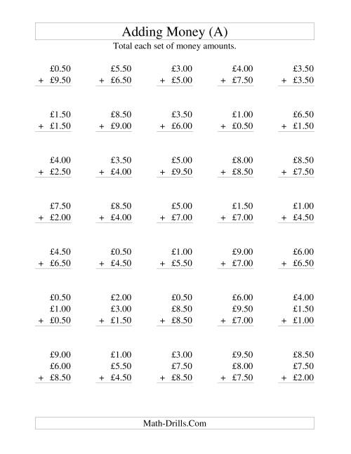 The Adding British Money to £10 -- Increments of 50 Pence (A) Math Worksheet