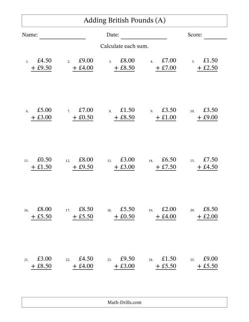 The Adding British Pounds With Amounts from 0.50 to 9.50 in Increments of Fifty Pence (A) Math Worksheet