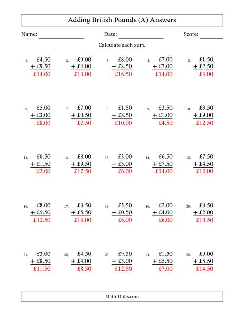 The Adding British Pounds With Amounts from 0.50 to 9.50 in Increments of Fifty Pence (A) Math Worksheet Page 2