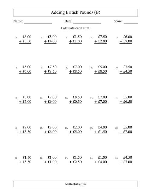 The Adding British Pounds With Amounts from 0.50 to 9.50 in Increments of Fifty Pence (B) Math Worksheet