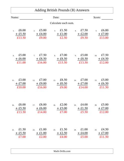 The Adding British Pounds With Amounts from 0.50 to 9.50 in Increments of Fifty Pence (B) Math Worksheet Page 2