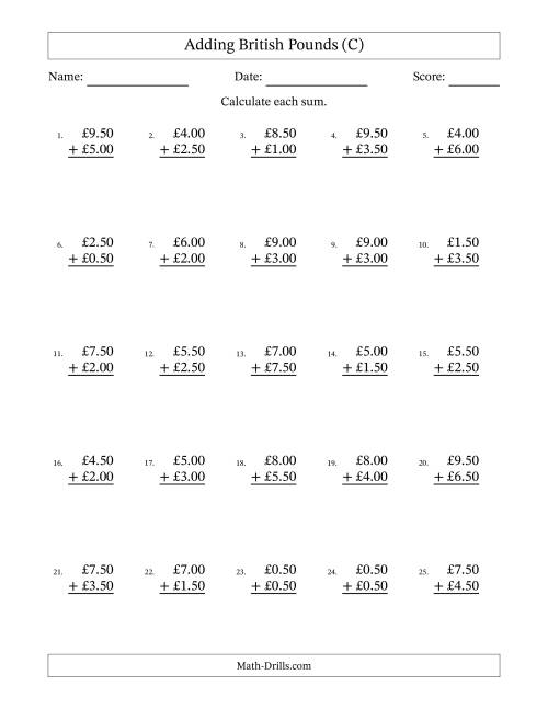 The Adding British Pounds With Amounts from 0.50 to 9.50 in Increments of Fifty Pence (C) Math Worksheet