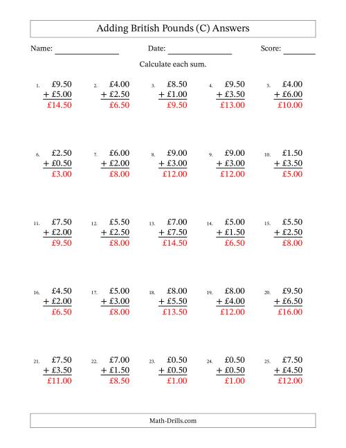 The Adding British Pounds With Amounts from 0.50 to 9.50 in Increments of Fifty Pence (C) Math Worksheet Page 2