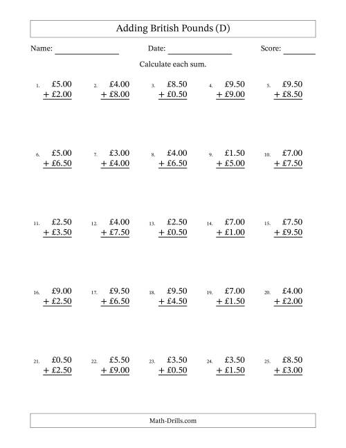 The Adding British Pounds With Amounts from 0.50 to 9.50 in Increments of Fifty Pence (D) Math Worksheet