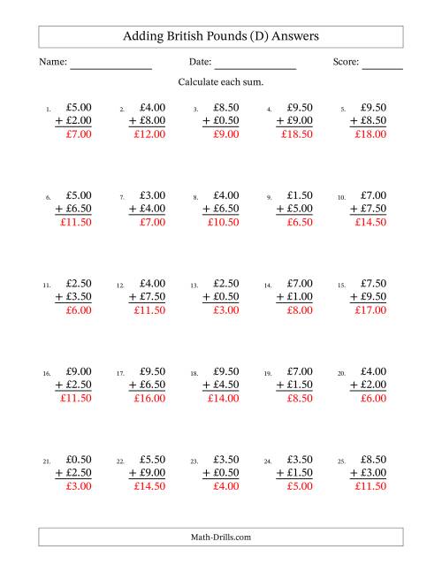 The Adding British Pounds With Amounts from 0.50 to 9.50 in Increments of Fifty Pence (D) Math Worksheet Page 2