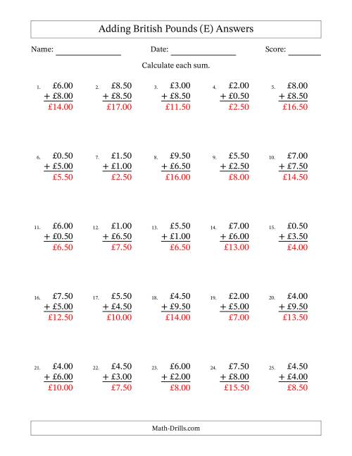 The Adding British Pounds With Amounts from 0.50 to 9.50 in Increments of Fifty Pence (E) Math Worksheet Page 2