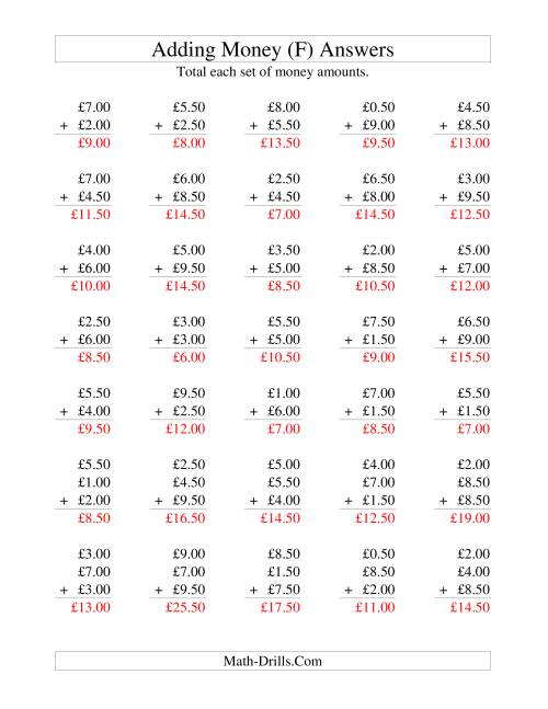 The Adding British Money to £10 -- Increments of 50 Pence (F) Math Worksheet Page 2