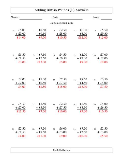 The Adding British Pounds With Amounts from 0.50 to 9.50 in Increments of Fifty Pence (F) Math Worksheet Page 2