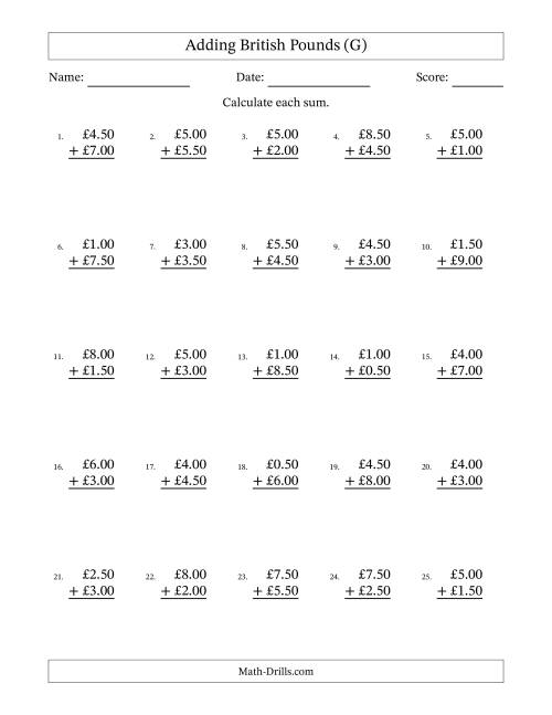 The Adding British Pounds With Amounts from 0.50 to 9.50 in Increments of Fifty Pence (G) Math Worksheet