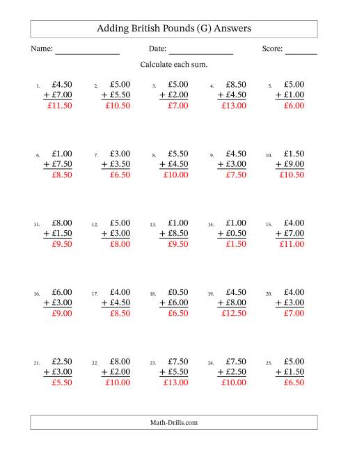 The Adding British Pounds With Amounts from 0.50 to 9.50 in Increments of Fifty Pence (G) Math Worksheet Page 2