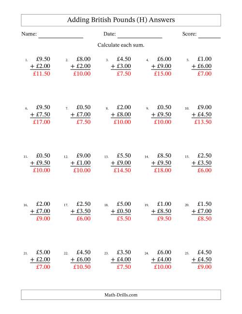 The Adding British Pounds With Amounts from 0.50 to 9.50 in Increments of Fifty Pence (H) Math Worksheet Page 2