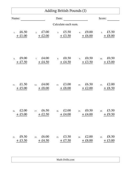 The Adding British Pounds With Amounts from 0.50 to 9.50 in Increments of Fifty Pence (I) Math Worksheet