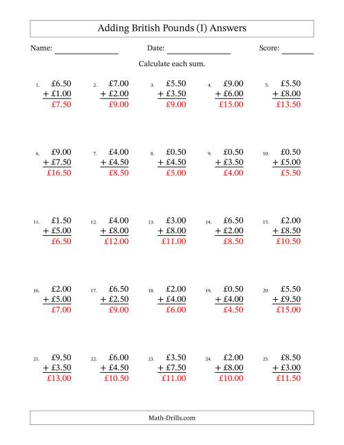 The Adding British Pounds With Amounts from 0.50 to 9.50 in Increments of Fifty Pence (I) Math Worksheet Page 2