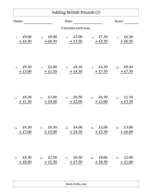 The Adding British Pounds With Amounts from 0.50 to 9.50 in Increments of Fifty Pence (J) Math Worksheet