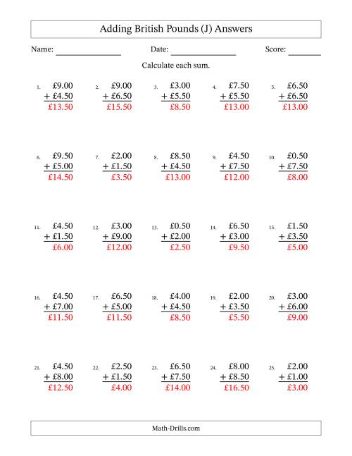 The Adding British Pounds With Amounts from 0.50 to 9.50 in Increments of Fifty Pence (J) Math Worksheet Page 2