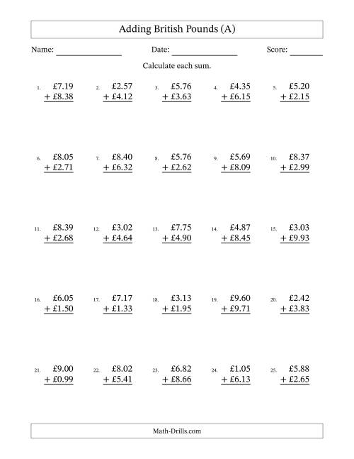 The Adding British Pounds With Amounts from 0.01 to 9.99 in Increments of One Pence (A) Math Worksheet