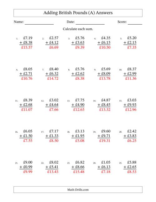 The Adding British Pounds With Amounts from 0.01 to 9.99 in Increments of One Pence (A) Math Worksheet Page 2