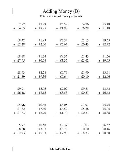 The Adding British Money to £10 (B) Math Worksheet
