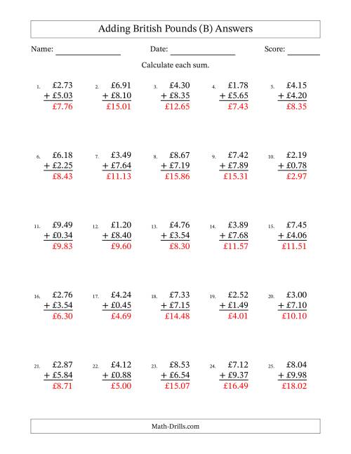 The Adding British Pounds With Amounts from 0.01 to 9.99 in Increments of One Pence (B) Math Worksheet Page 2