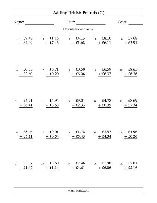 The Adding British Pounds With Amounts from 0.01 to 9.99 in Increments of One Pence (C) Math Worksheet