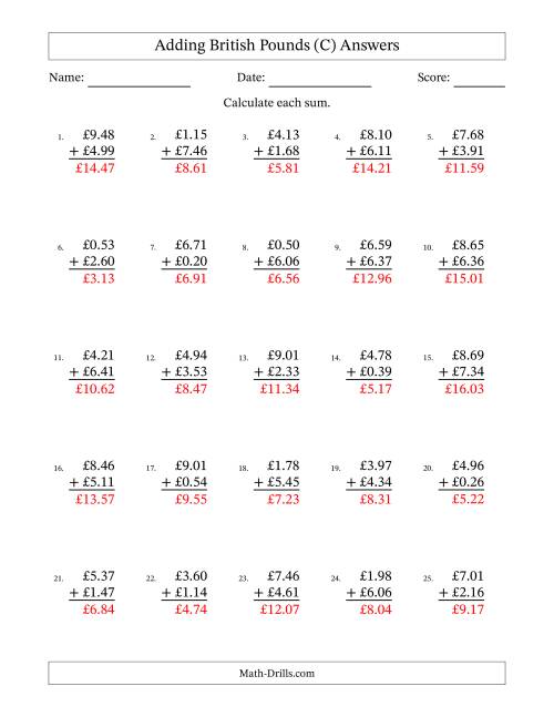 The Adding British Pounds With Amounts from 0.01 to 9.99 in Increments of One Pence (C) Math Worksheet Page 2