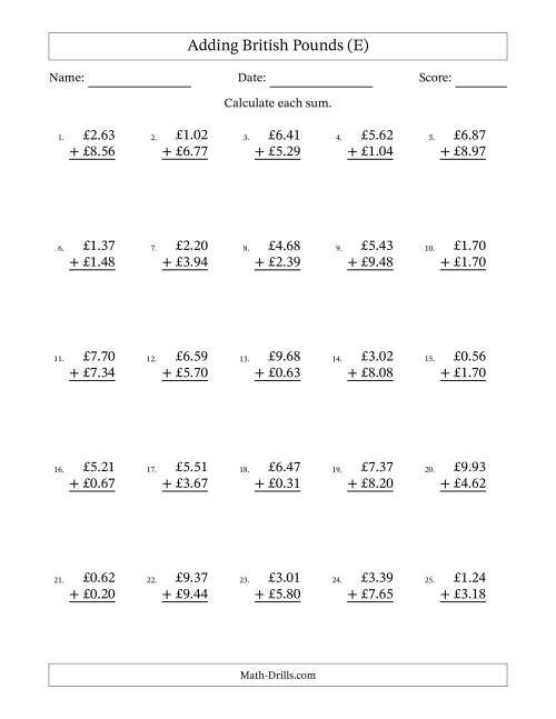 The Adding British Pounds With Amounts from 0.01 to 9.99 in Increments of One Pence (E) Math Worksheet