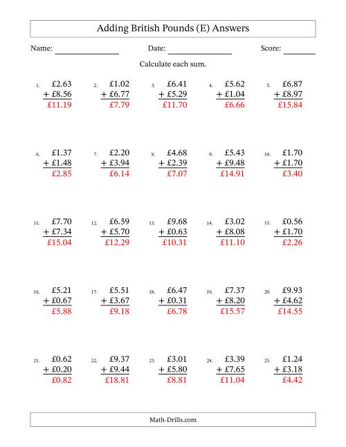 The Adding British Pounds With Amounts from 0.01 to 9.99 in Increments of One Pence (E) Math Worksheet Page 2