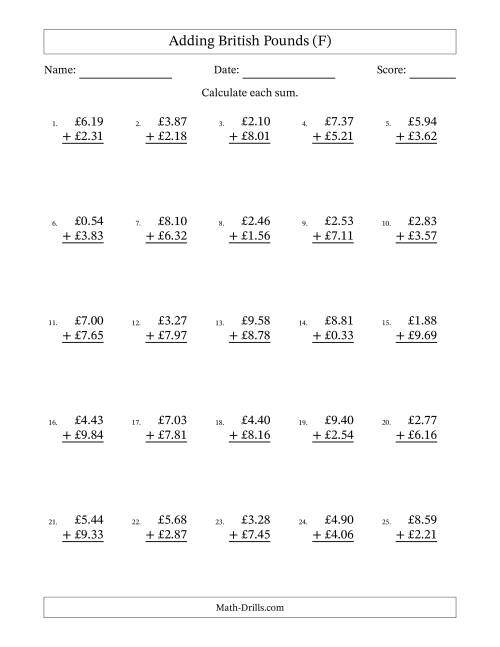 The Adding British Pounds With Amounts from 0.01 to 9.99 in Increments of One Pence (F) Math Worksheet