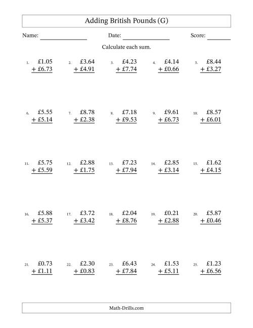 The Adding British Pounds With Amounts from 0.01 to 9.99 in Increments of One Pence (G) Math Worksheet