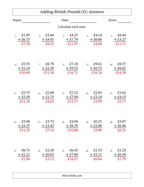 The Adding British Pounds With Amounts from 0.01 to 9.99 in Increments of One Pence (G) Math Worksheet Page 2