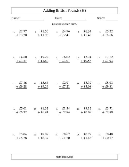 The Adding British Pounds With Amounts from 0.01 to 9.99 in Increments of One Pence (H) Math Worksheet