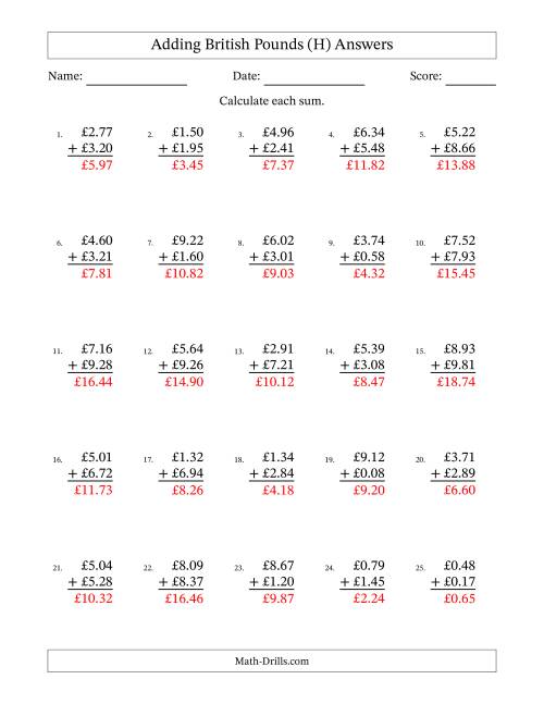 The Adding British Pounds With Amounts from 0.01 to 9.99 in Increments of One Pence (H) Math Worksheet Page 2